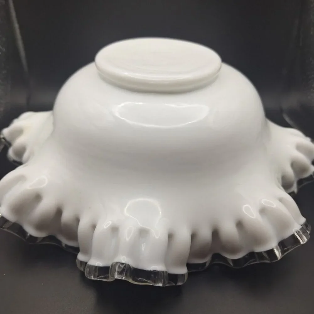 Fenton Silver Crest Ruffle‎ Bowl White Milk Glass Clear Edge 10 Inch Unmarked